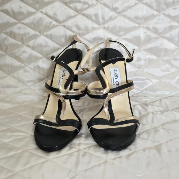 Jimmy Choo Black and Gold Strappy Stiletto Sandals - Picture 3 of 6